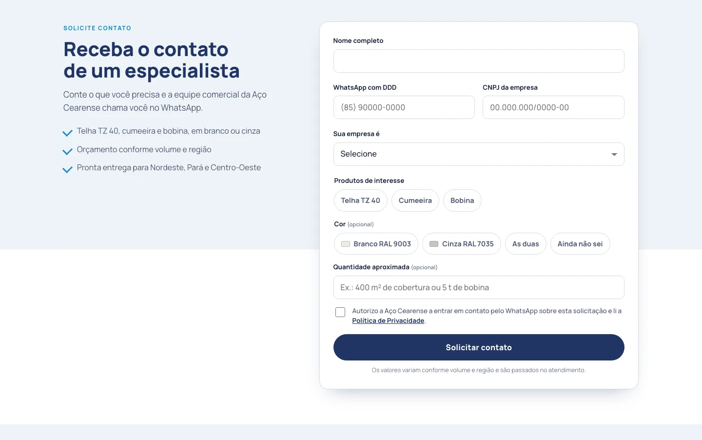 Formulário da LP de pré-pintados